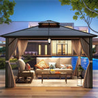Tonnelle à toit rigide pour jardin – Pergola permanente avec filet, rideaux et double toit, abri extérieur toutes saisons