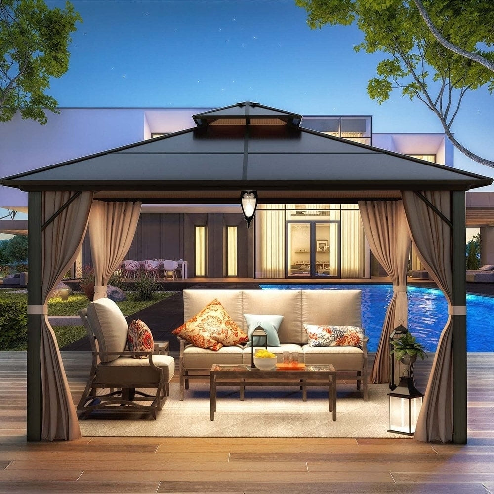 Tonnelle à toit rigide pour jardin – Pergola permanente avec filet, rideaux et double toit, abri extérieur toutes saisons