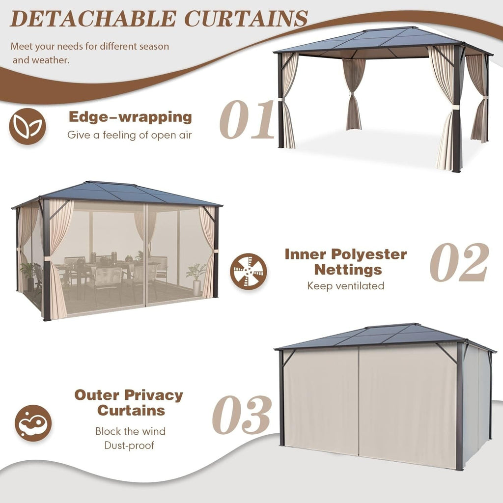 Tonnelle à toit rigide pour jardin – Pergola permanente avec filet, rideaux et double toit, abri extérieur toutes saisons