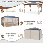 Tonnelle à toit rigide pour jardin – Pergola permanente avec filet, rideaux et double toit, abri extérieur toutes saisons