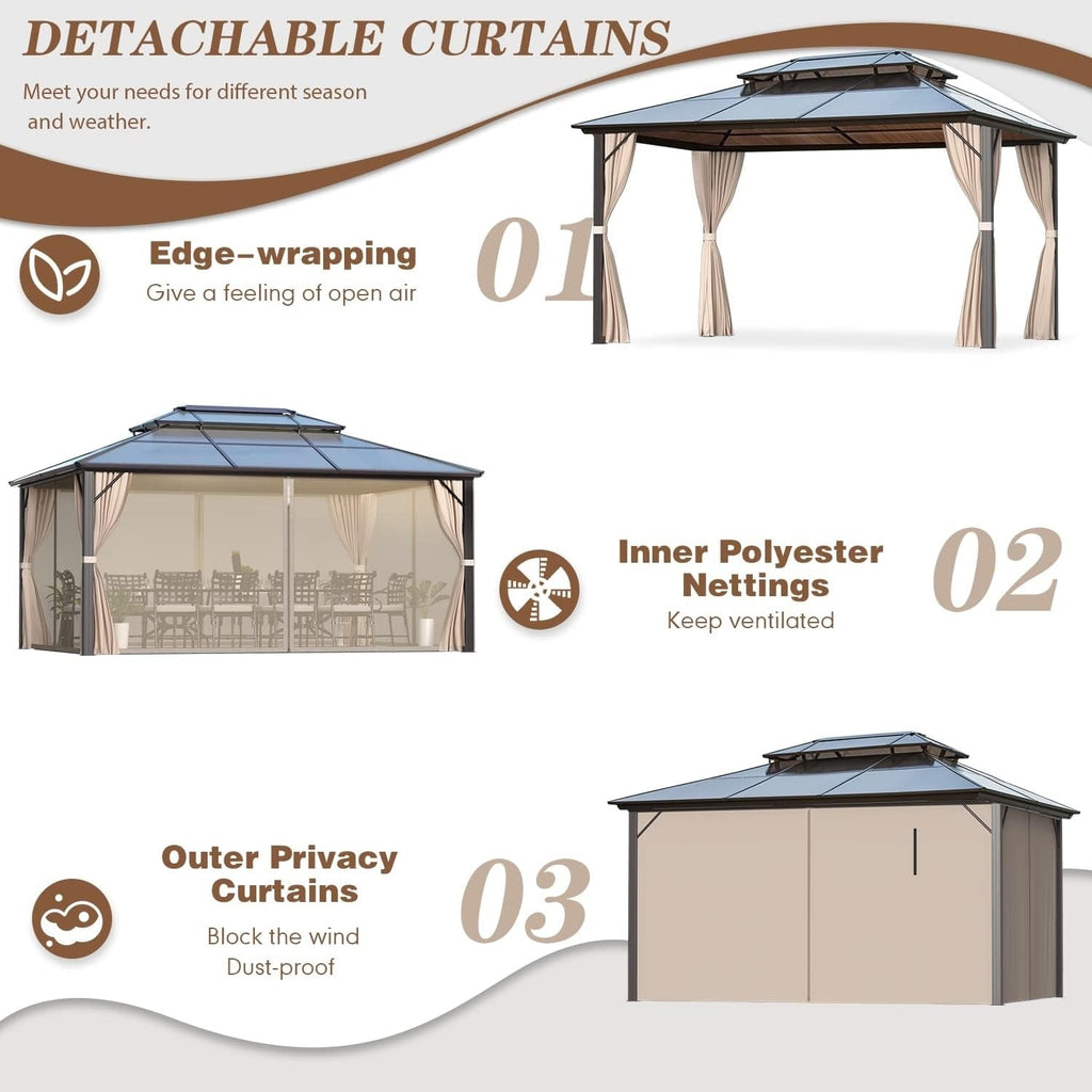 Tonnelle à toit rigide pour jardin – Pergola permanente avec filet, rideaux et double toit, abri extérieur toutes saisons