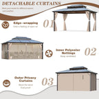 Tonnelle à toit rigide pour jardin – Pergola permanente avec filet, rideaux et double toit, abri extérieur toutes saisons