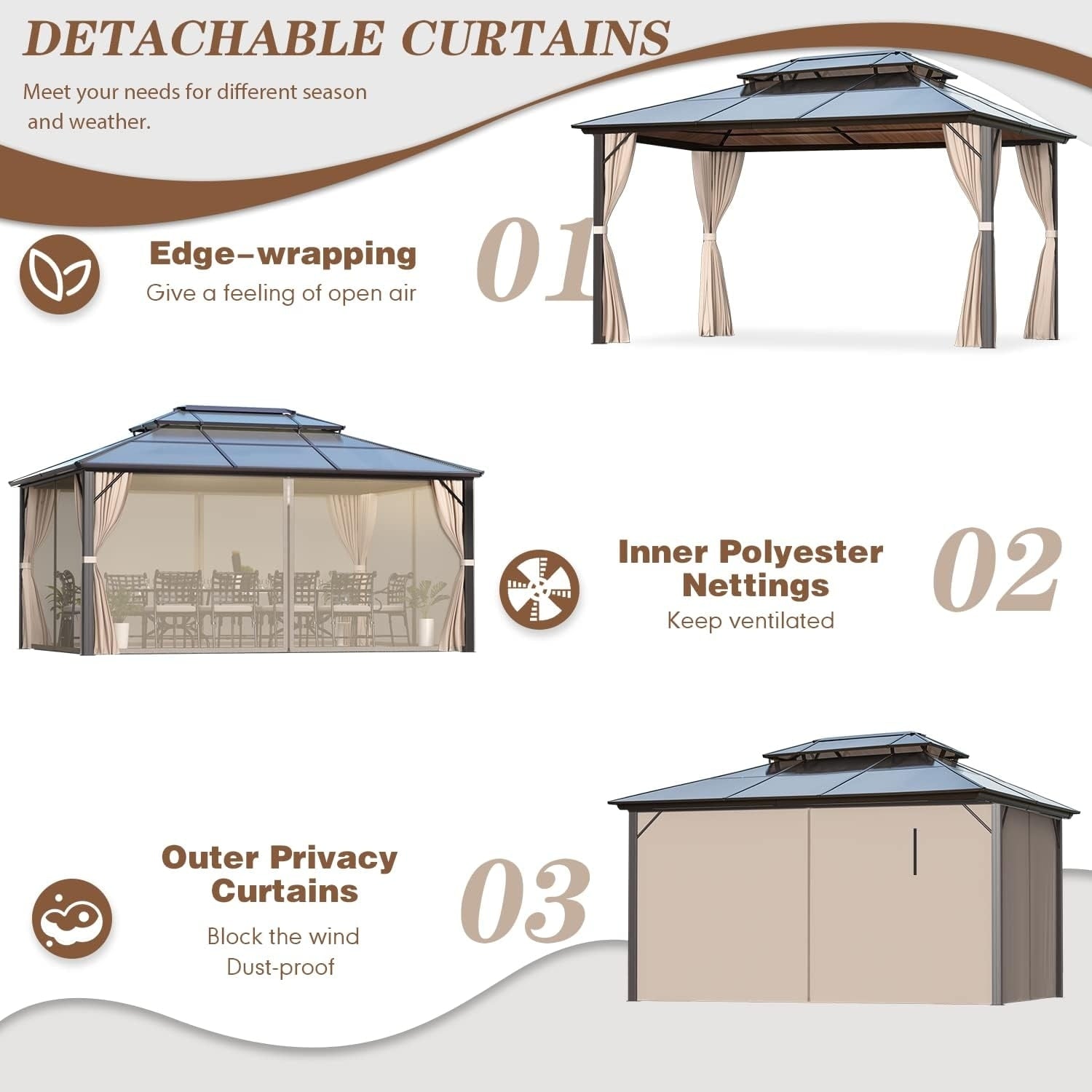 Tonnelle à toit rigide pour jardin – Pergola permanente avec filet, rideaux et double toit, abri extérieur toutes saisons