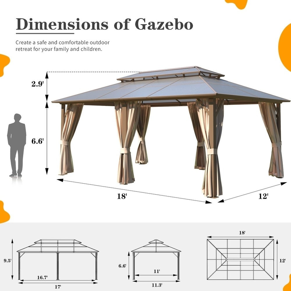 Tonnelle à toit rigide pour jardin – Pergola permanente avec filet, rideaux et double toit, abri extérieur toutes saisons
