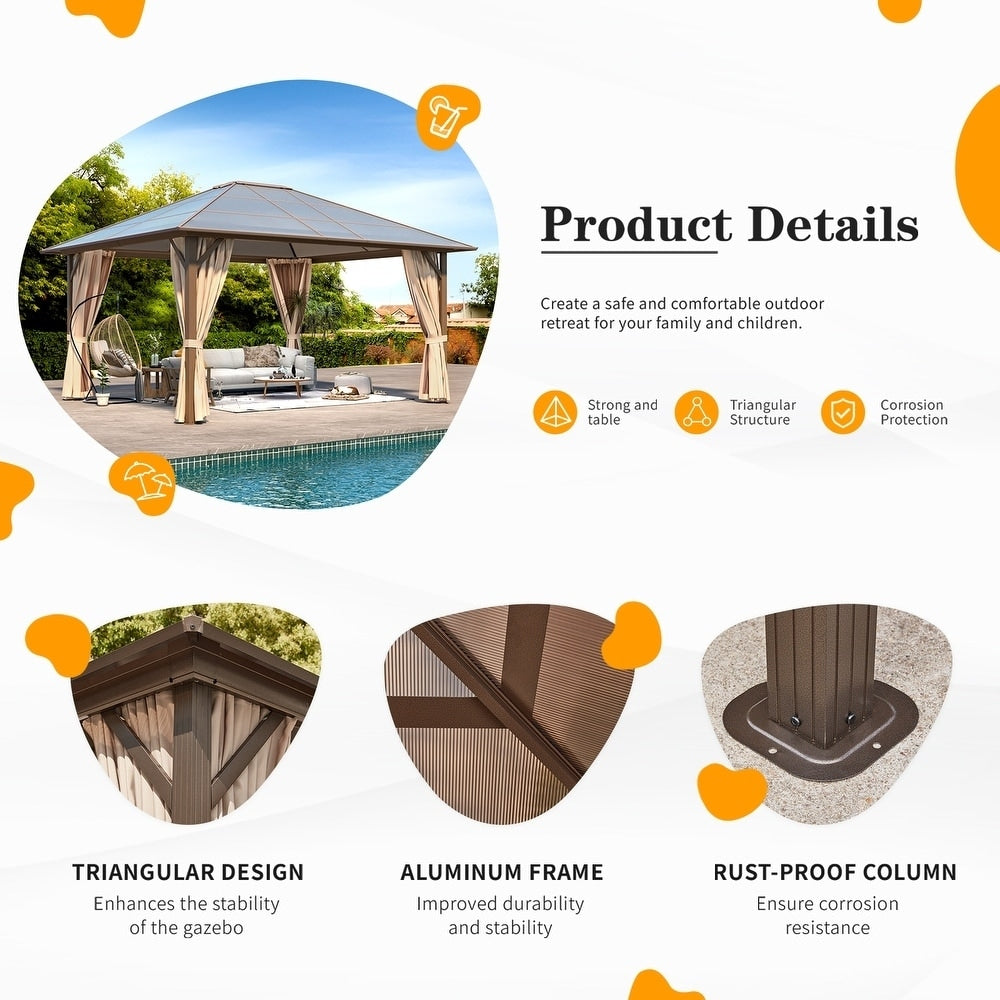 Tonnelle à toit rigide pour jardin – Pergola permanente avec filet, rideaux et double toit, abri extérieur toutes saisons