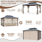 Tonnelle à toit rigide pour jardin – Pergola permanente avec filet, rideaux et double toit, abri extérieur toutes saisons