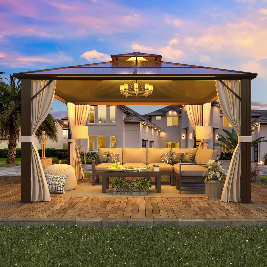 Tonnelle à toit rigide pour jardin – Pergola permanente avec filet, rideaux et double toit, abri extérieur toutes saisons