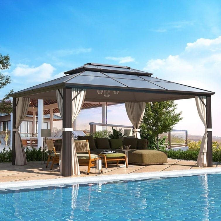 Tonnelle à toit rigide pour jardin – Pergola permanente avec filet, rideaux et double toit, abri extérieur toutes saisons