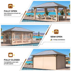 Tonnelle à toit rigide pour jardin – Pergola permanente avec filet, rideaux et double toit, abri extérieur toutes saisons
