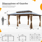 Tonnelle à toit rigide pour jardin – Pergola permanente avec filet, rideaux et double toit, abri extérieur toutes saisons
