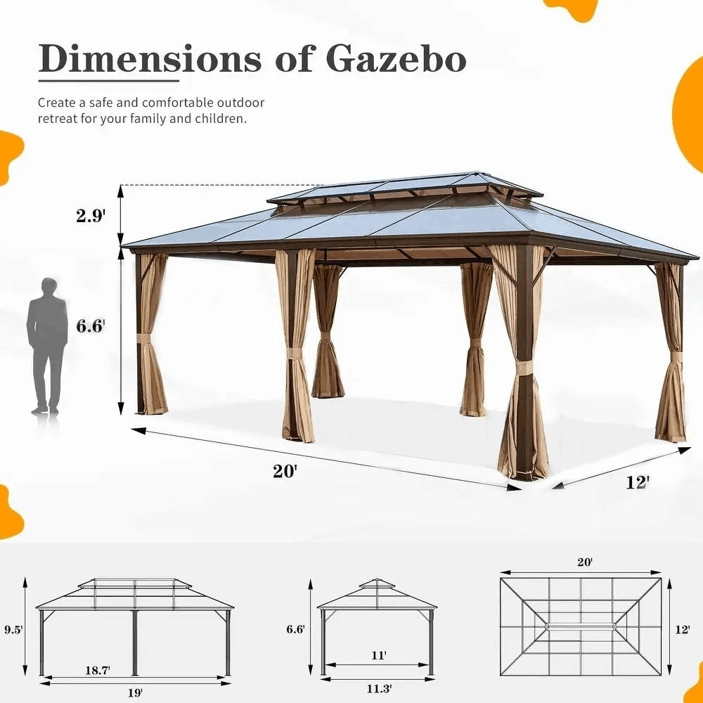 Tonnelle à toit rigide pour jardin – Pergola permanente avec filet, rideaux et double toit, abri extérieur toutes saisons