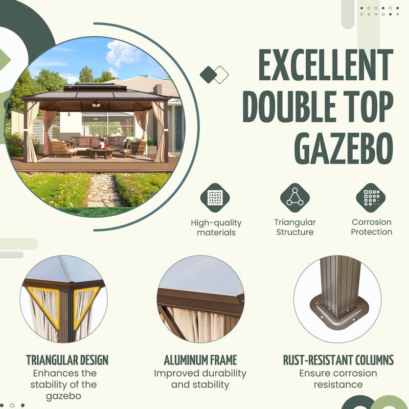 Tonnelle à toit rigide pour jardin – Pergola permanente avec filet, rideaux et double toit, abri extérieur toutes saisons