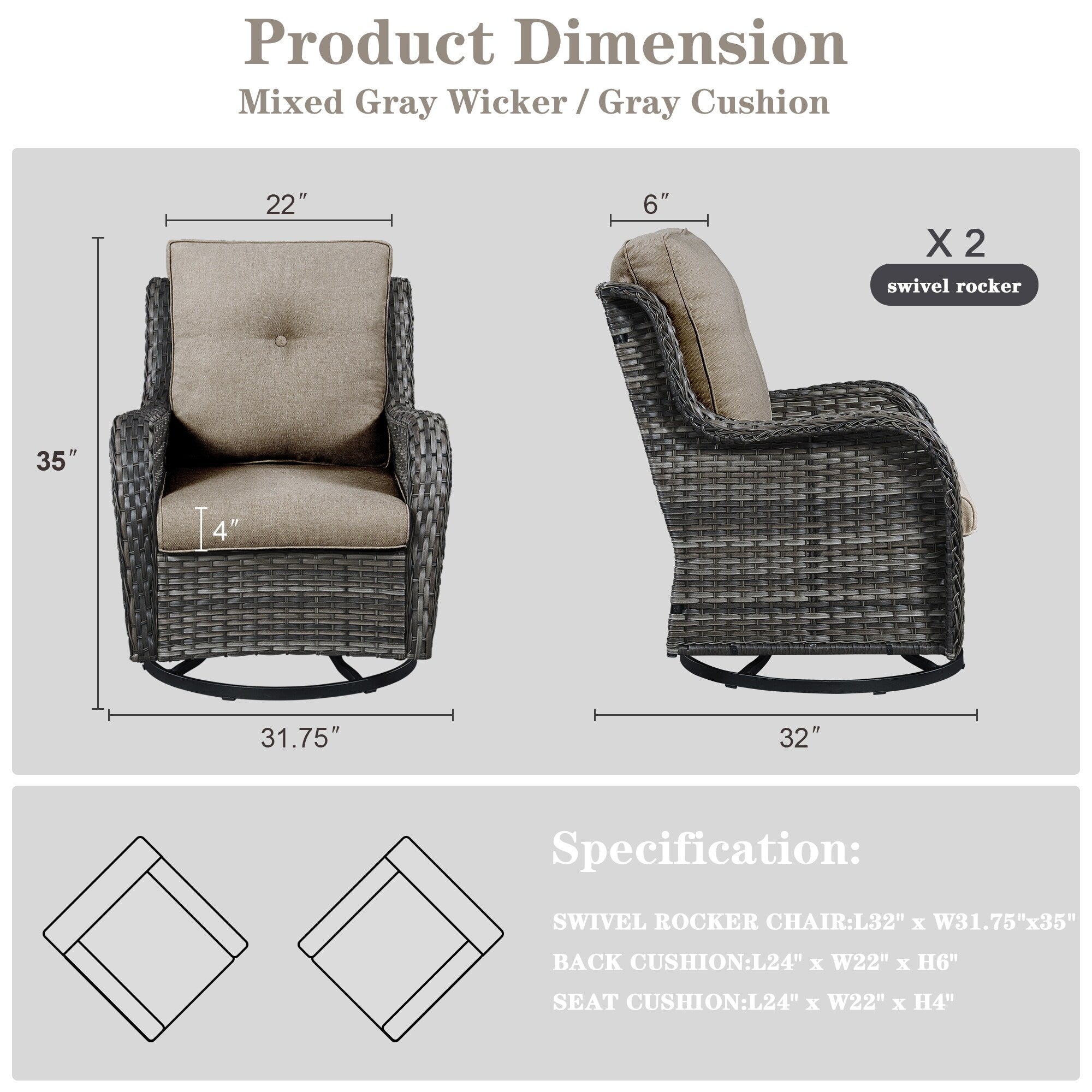 Chaises à bascule d'extérieur en osier Gymojoy avec base pivotante (lot de 2)