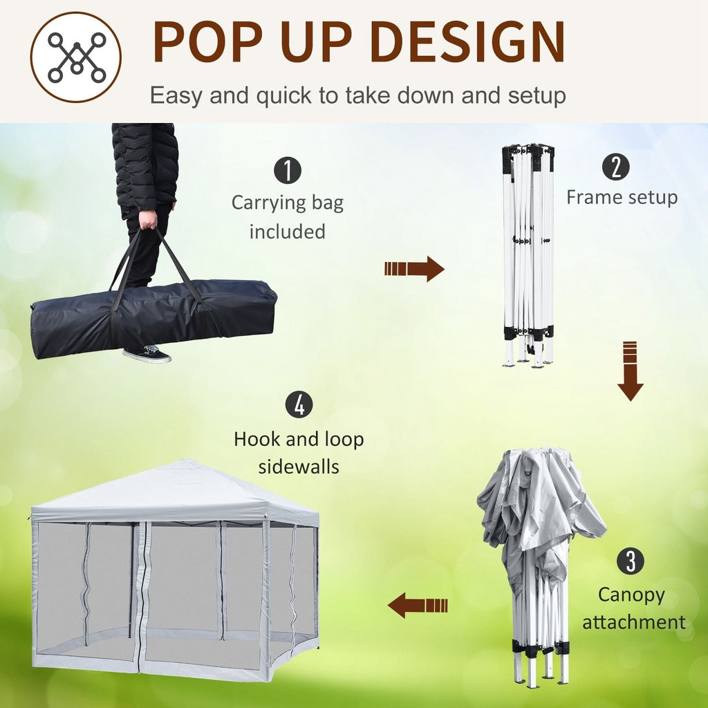 Auvent pop-up robuste Outsunny 10' x 10' avec filet latéral amovible en maille, conception facile à installer, événement de fête en plein air