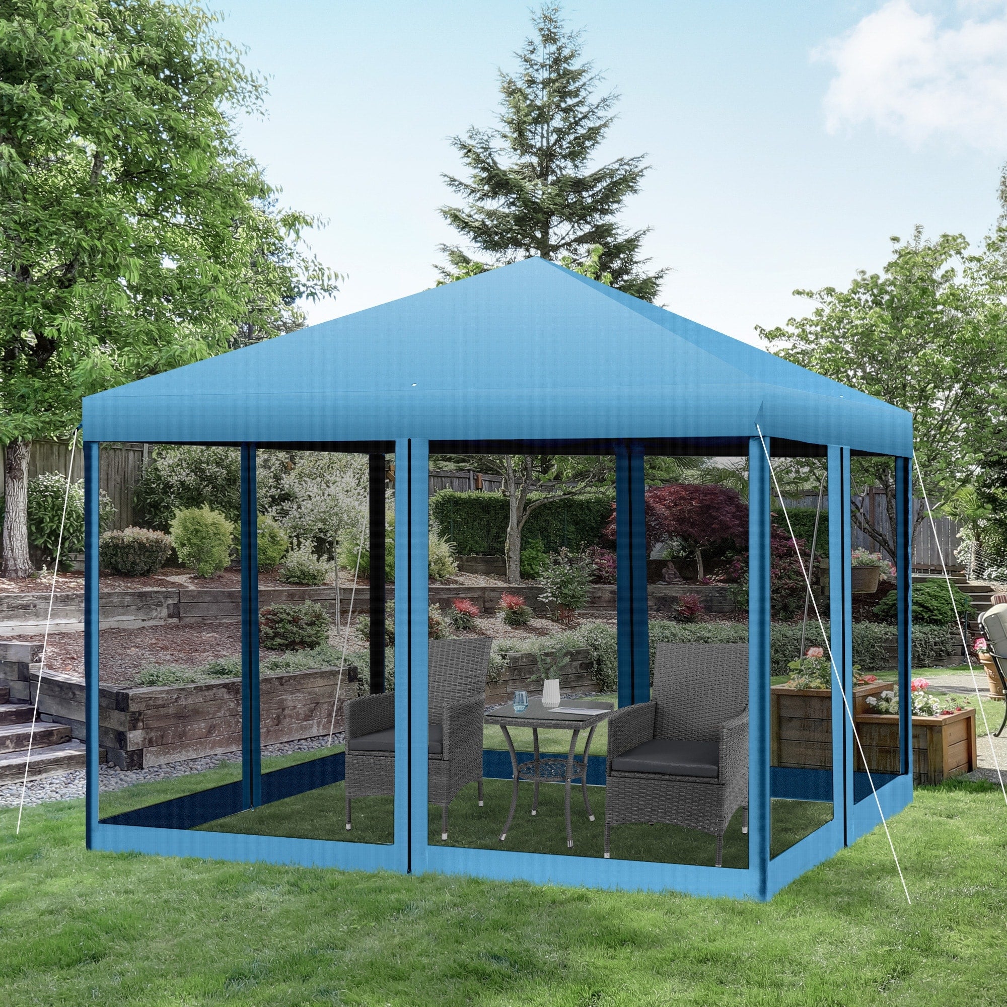 Auvent pop-up robuste Outsunny 10' x 10' avec filet latéral amovible en maille, conception facile à installer, événement de fête en plein air
