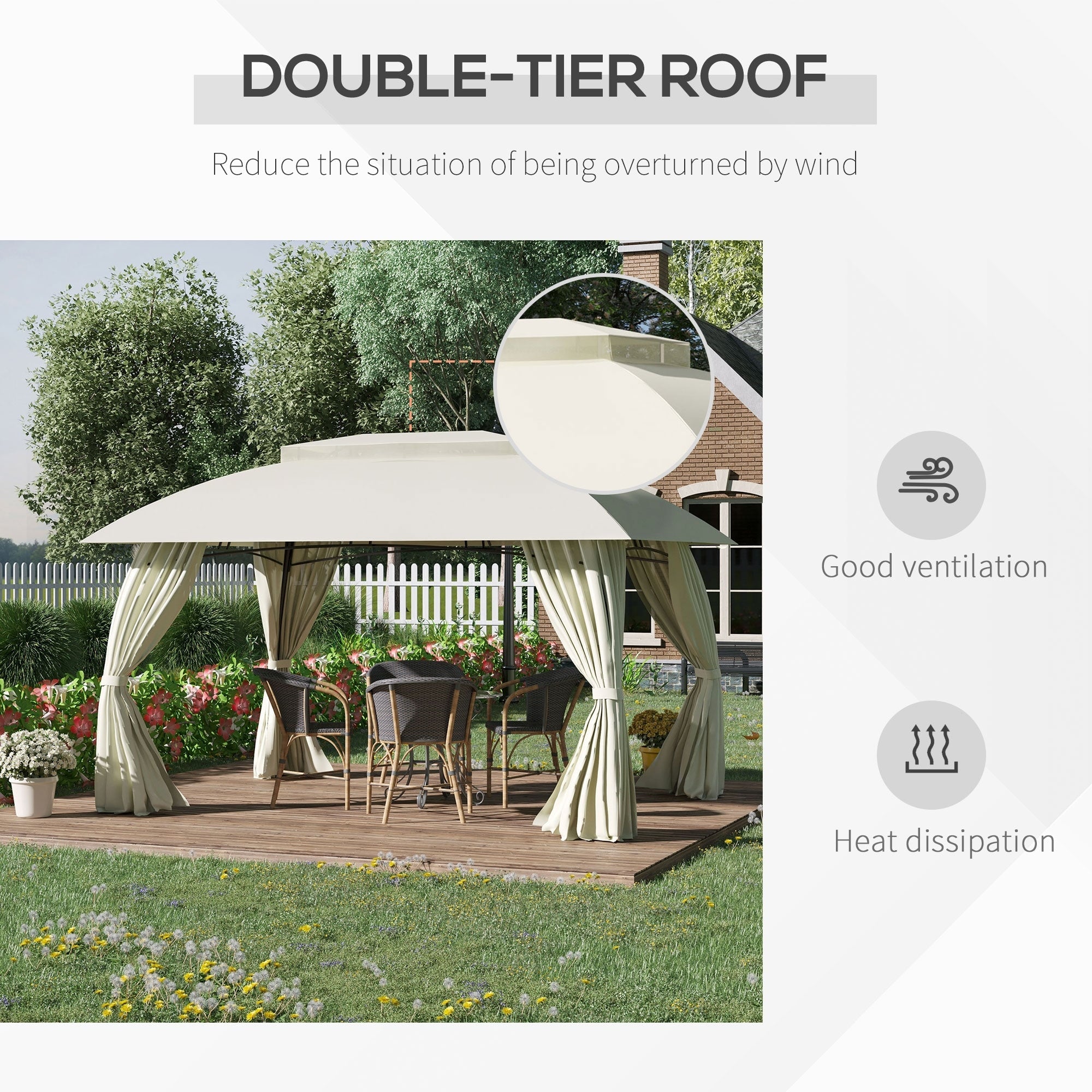 Gazebo de terrasse Outsunny 10' x 13', abri d'extérieur avec parois latérales, toit à double ventilation et structure en acier