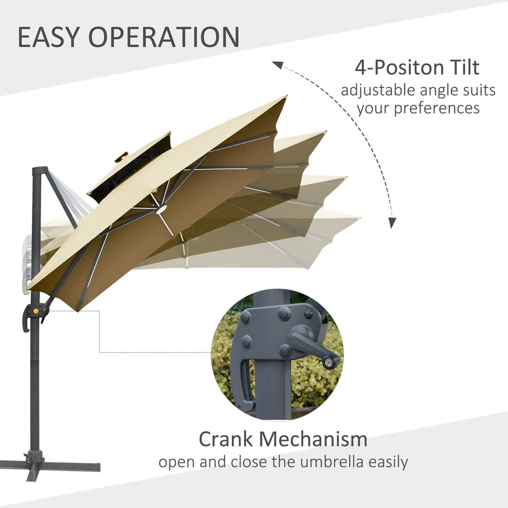 Parasol de terrasse solaire à LED Outsunny de 3 m, parasol suspendu décalé avec rotation à 360°, base croisée, 8 baleines, inclinaison et manivelle