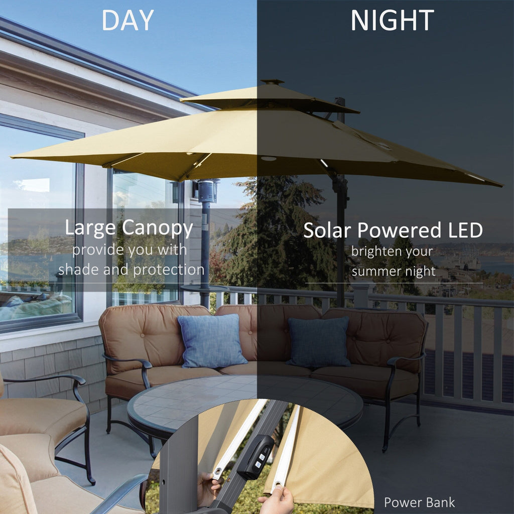 Parasol de terrasse solaire à LED Outsunny de 3 m, parasol suspendu décalé avec rotation à 360°, base croisée, 8 baleines, inclinaison et manivelle
