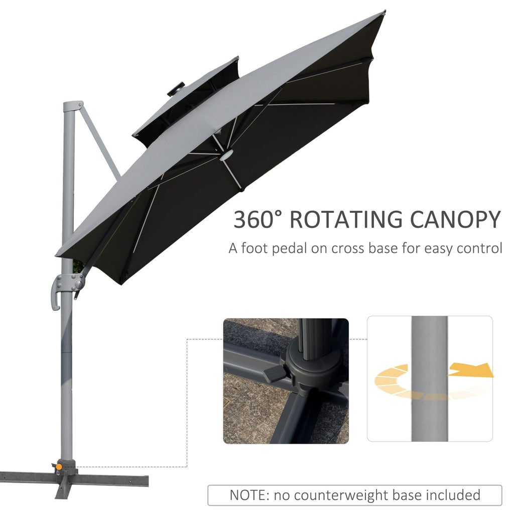 Parasol de terrasse solaire à LED Outsunny de 3 m, parasol suspendu décalé avec rotation à 360°, base croisée, 8 baleines, inclinaison et manivelle