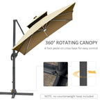 Parasol de terrasse solaire à LED Outsunny de 3 m, parasol suspendu décalé avec rotation à 360°, base croisée, 8 baleines, inclinaison et manivelle