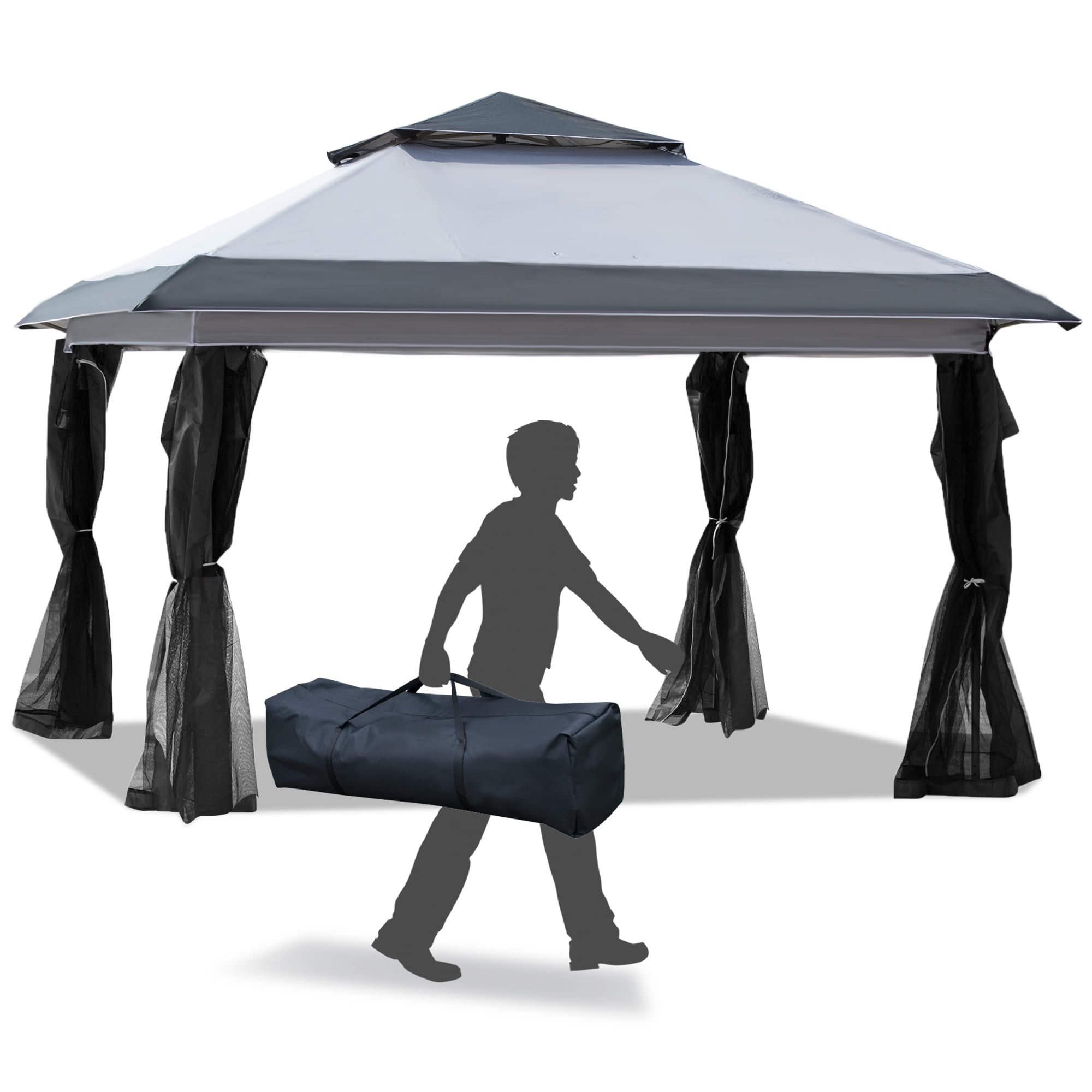 Outsunny 12' x 12' Pop Up Canopy Sun Shade Tente instantanée pliable avec filet latéral en maille, hauteur réglable sur 3 niveaux