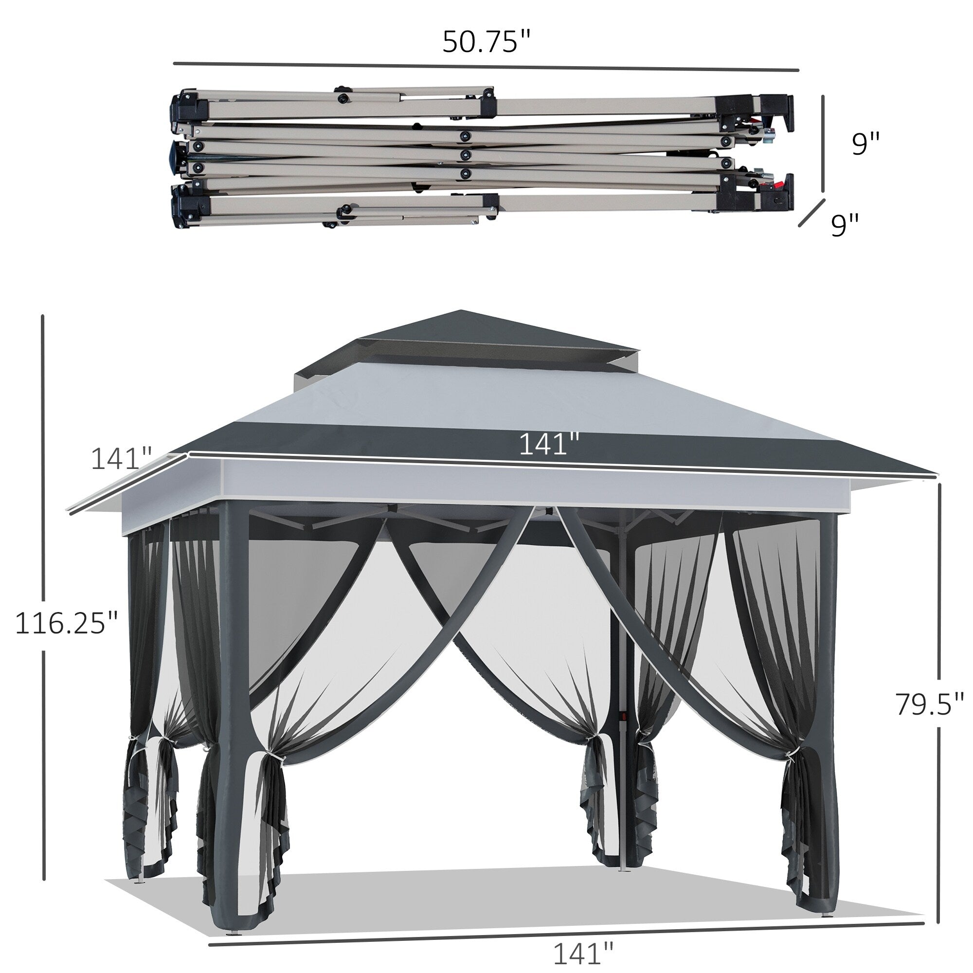 Outsunny 12' x 12' Pop Up Canopy Sun Shade Tente instantanée pliable avec filet latéral en maille, hauteur réglable sur 3 niveaux