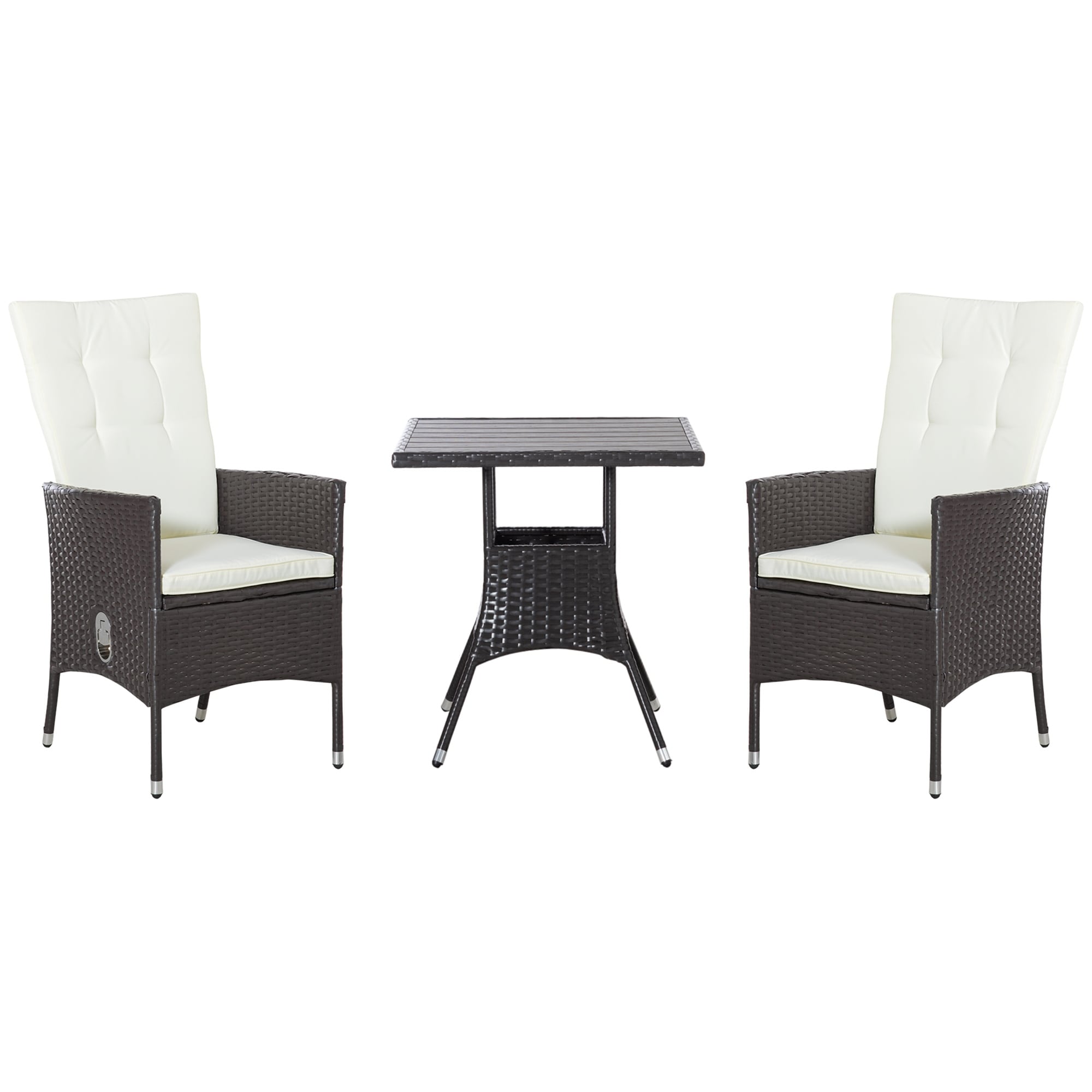 Ensemble de 3 canapés de patio Outsunny en rotin synthétique, chaises inclinables d'extérieur, table basse avec plateau en plastique grain de bois