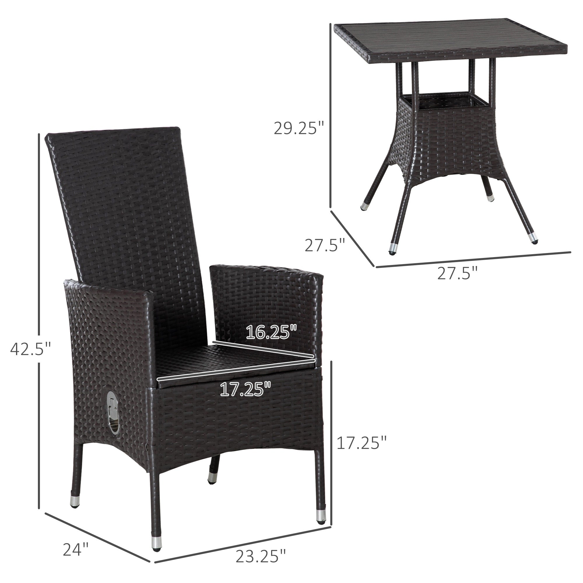 Ensemble de 3 canapés de patio Outsunny en rotin synthétique, chaises inclinables d'extérieur, table basse avec plateau en plastique grain de bois