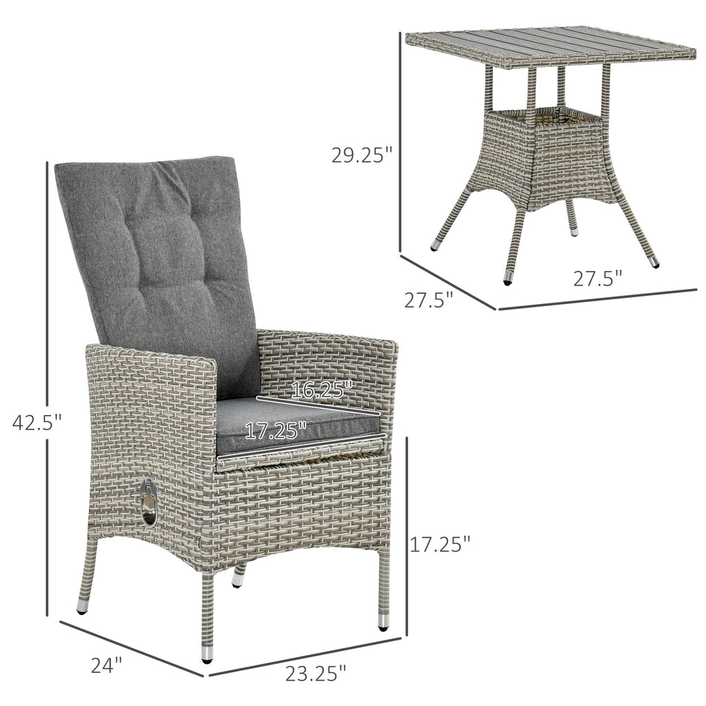 Ensemble de 3 canapés de patio Outsunny en rotin synthétique, chaises inclinables d'extérieur, table basse avec plateau en plastique grain de bois