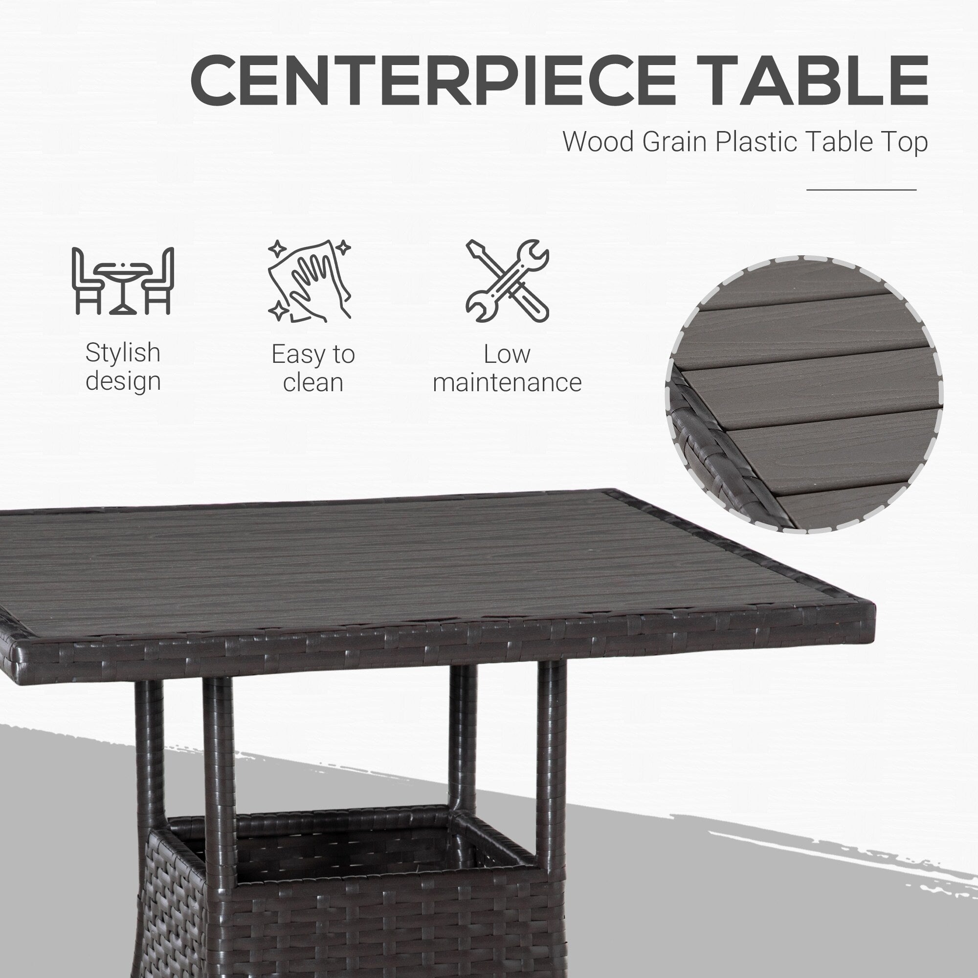 Ensemble de 3 canapés de patio Outsunny en rotin synthétique, chaises inclinables d'extérieur, table basse avec plateau en plastique grain de bois