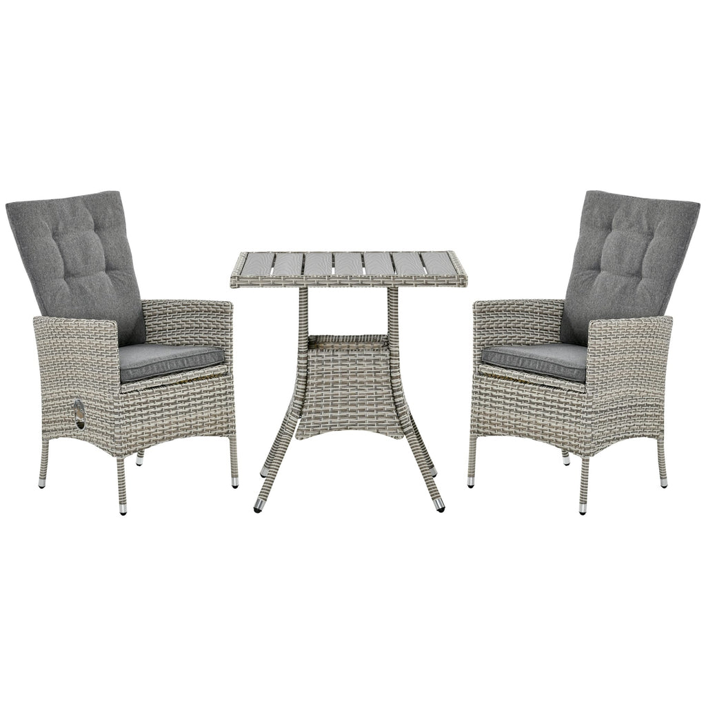 Ensemble de 3 canapés de patio Outsunny en rotin synthétique, chaises inclinables d'extérieur, table basse avec plateau en plastique grain de bois