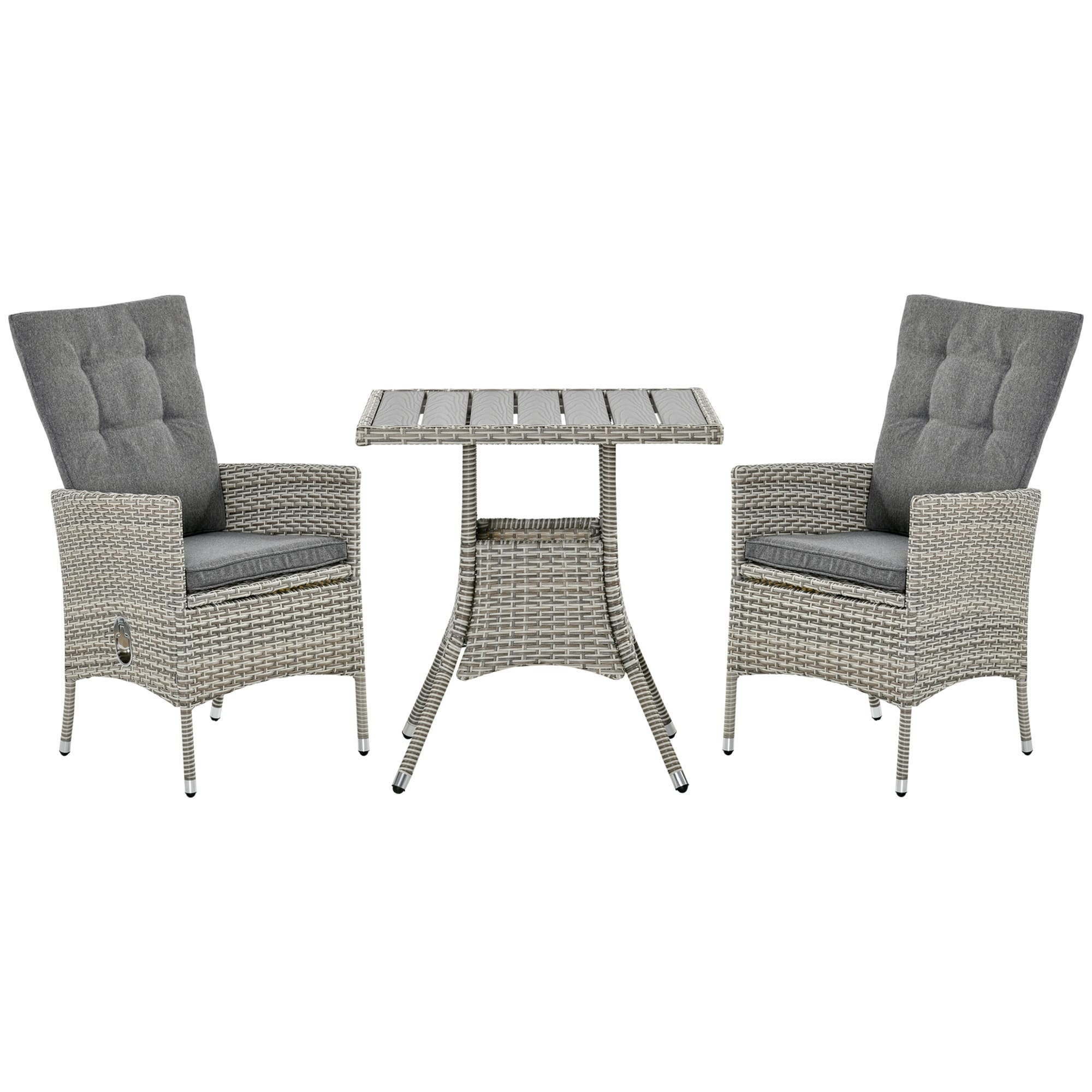 Ensemble de 3 canapés de patio Outsunny en rotin synthétique, chaises inclinables d'extérieur, table basse avec plateau en plastique grain de bois