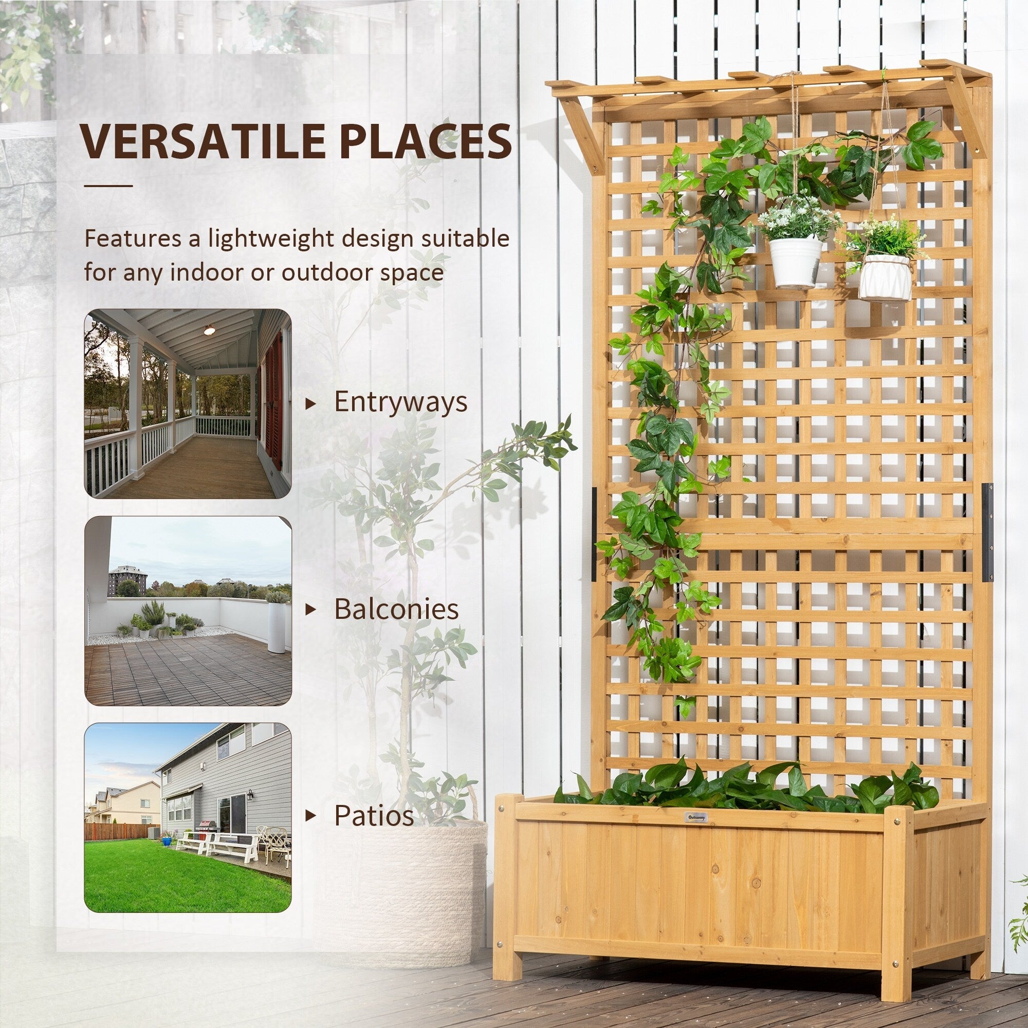 Jardinière en bois Outsunny avec treillis, plate-bande surélevée pour plantes grimpantes avec trous de drainage et toit