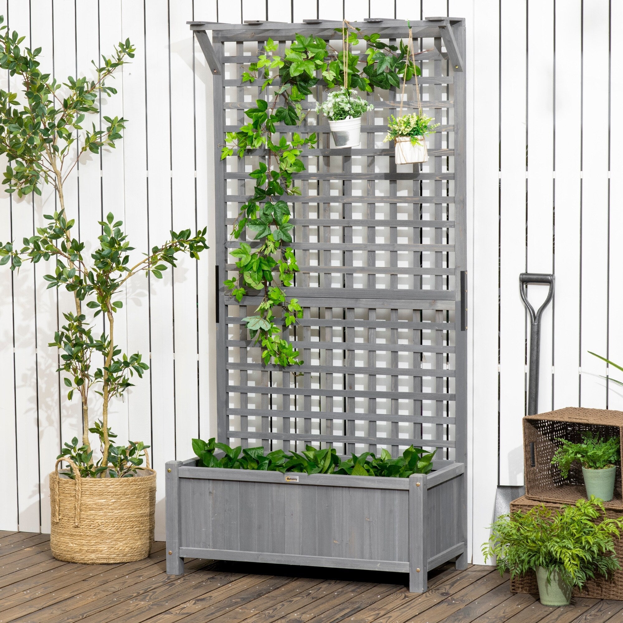 Jardinière en bois Outsunny avec treillis, plate-bande surélevée pour plantes grimpantes avec trous de drainage et toit