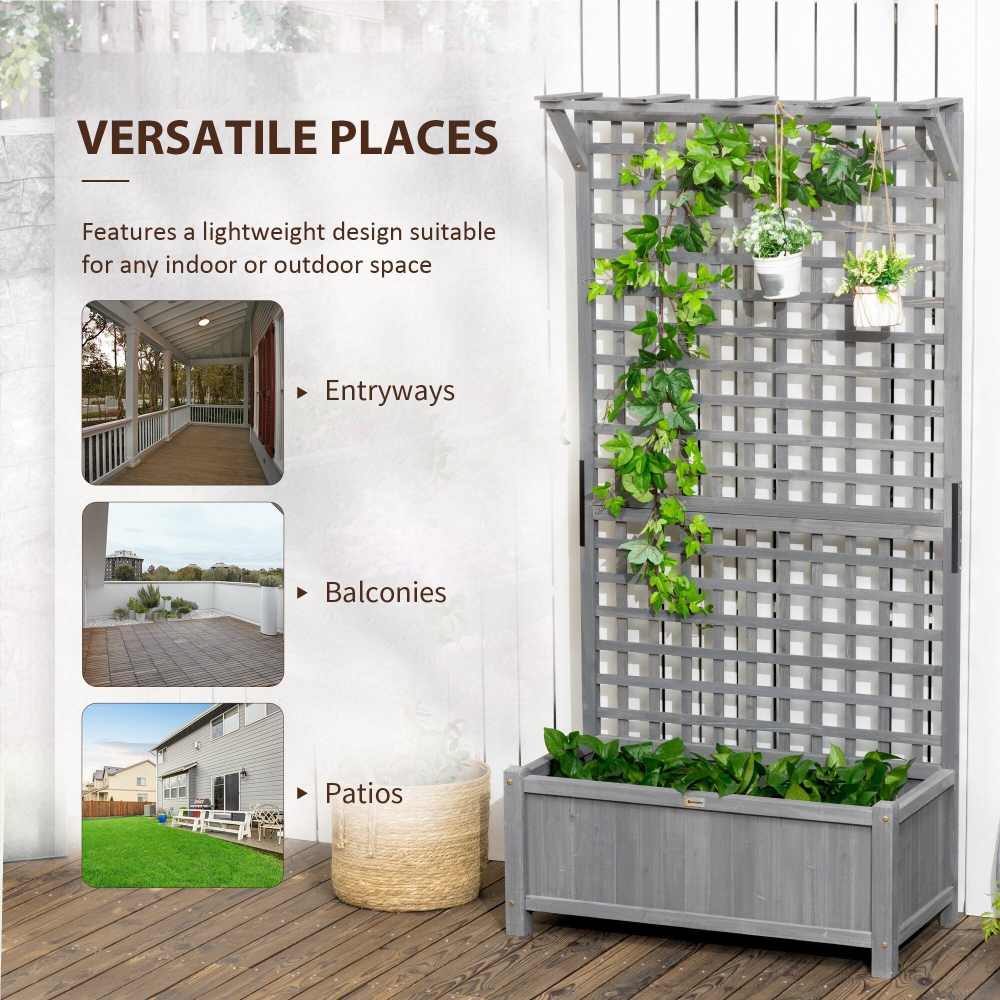 Jardinière en bois Outsunny avec treillis, plate-bande surélevée pour plantes grimpantes avec trous de drainage et toit