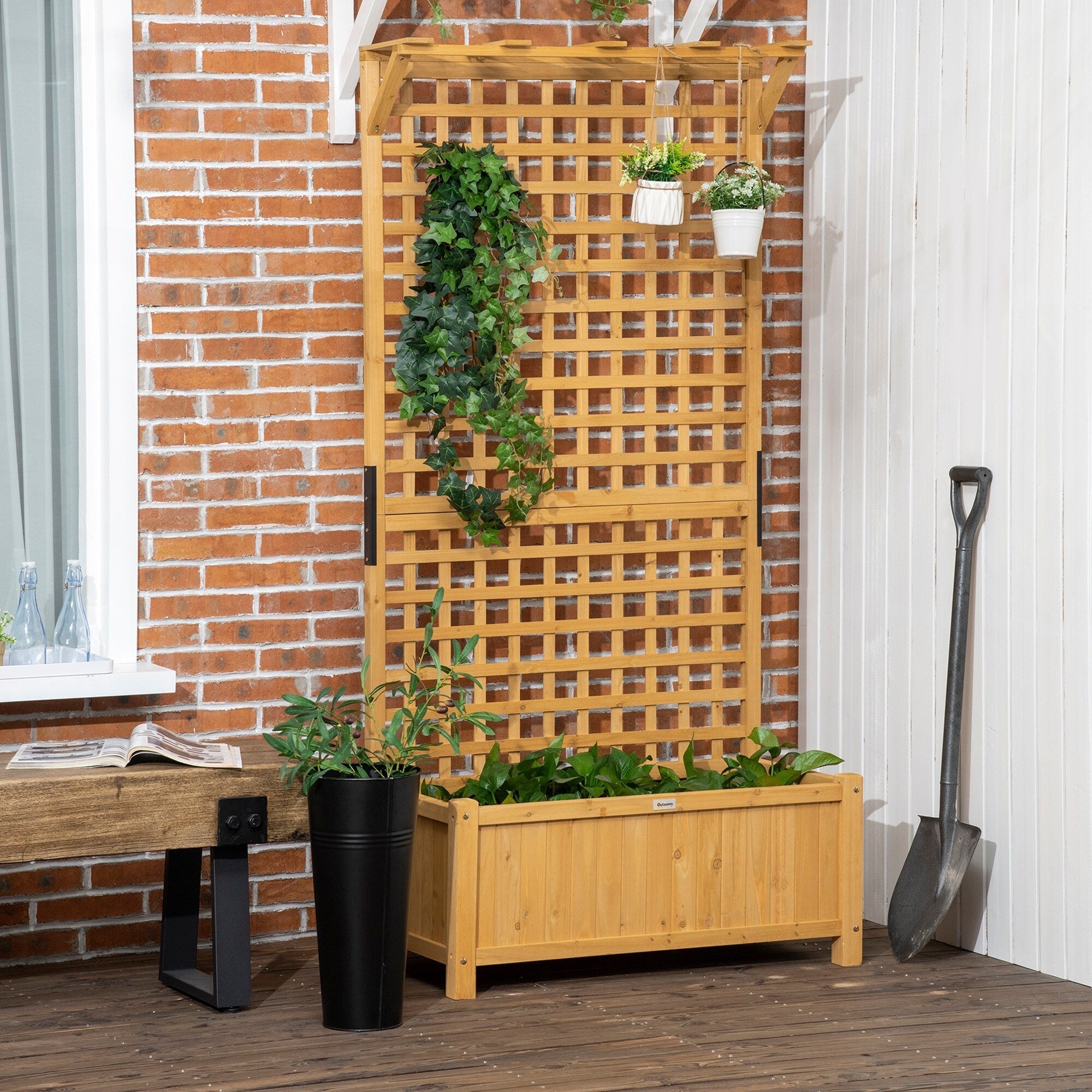 Jardinière en bois Outsunny avec treillis, plate-bande surélevée pour plantes grimpantes avec trous de drainage et toit