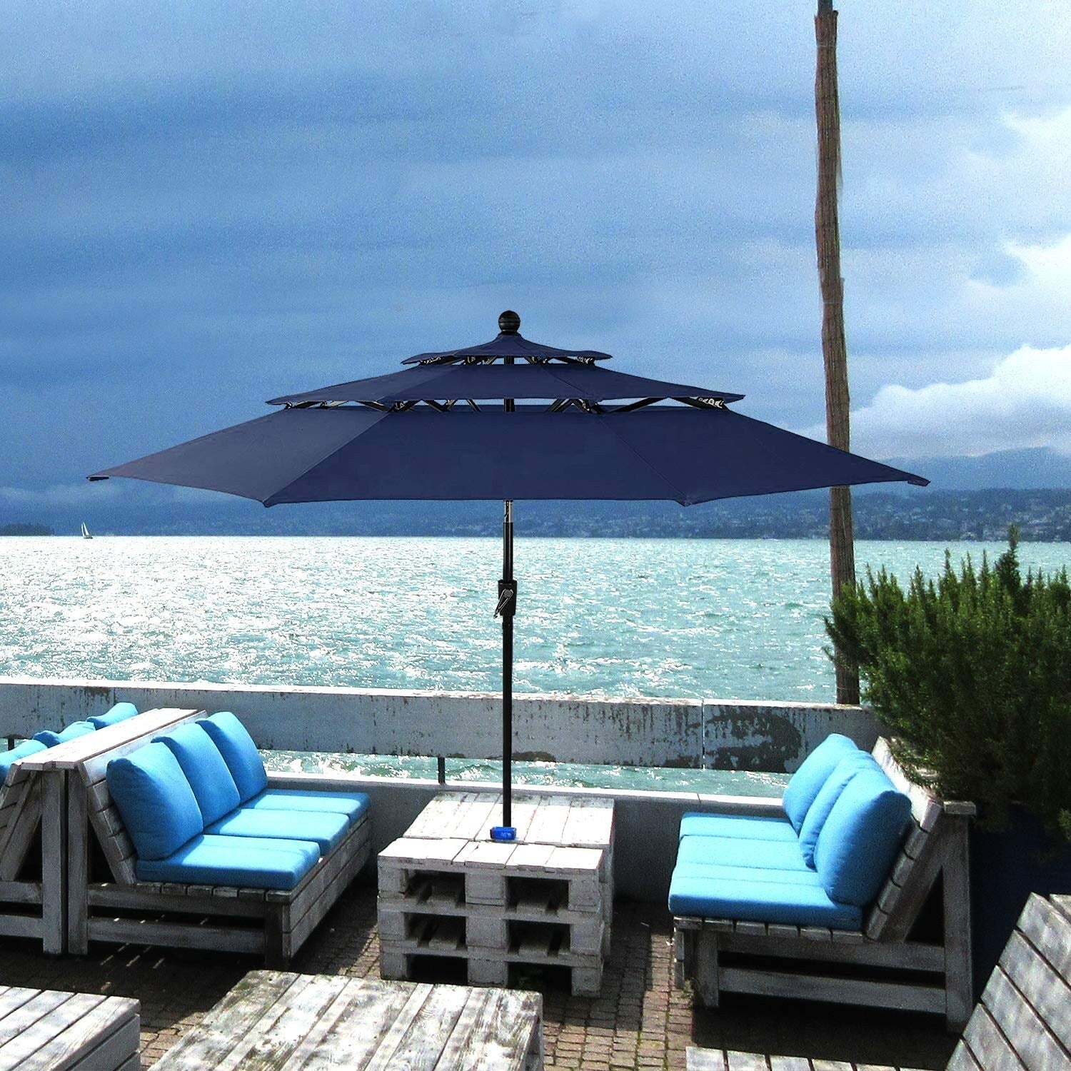 Parasol de terrasse inclinable à 3 niveaux de 10 pieds de MAISON ARTS, parasol d'extérieur à double ventilation avec lumières LED