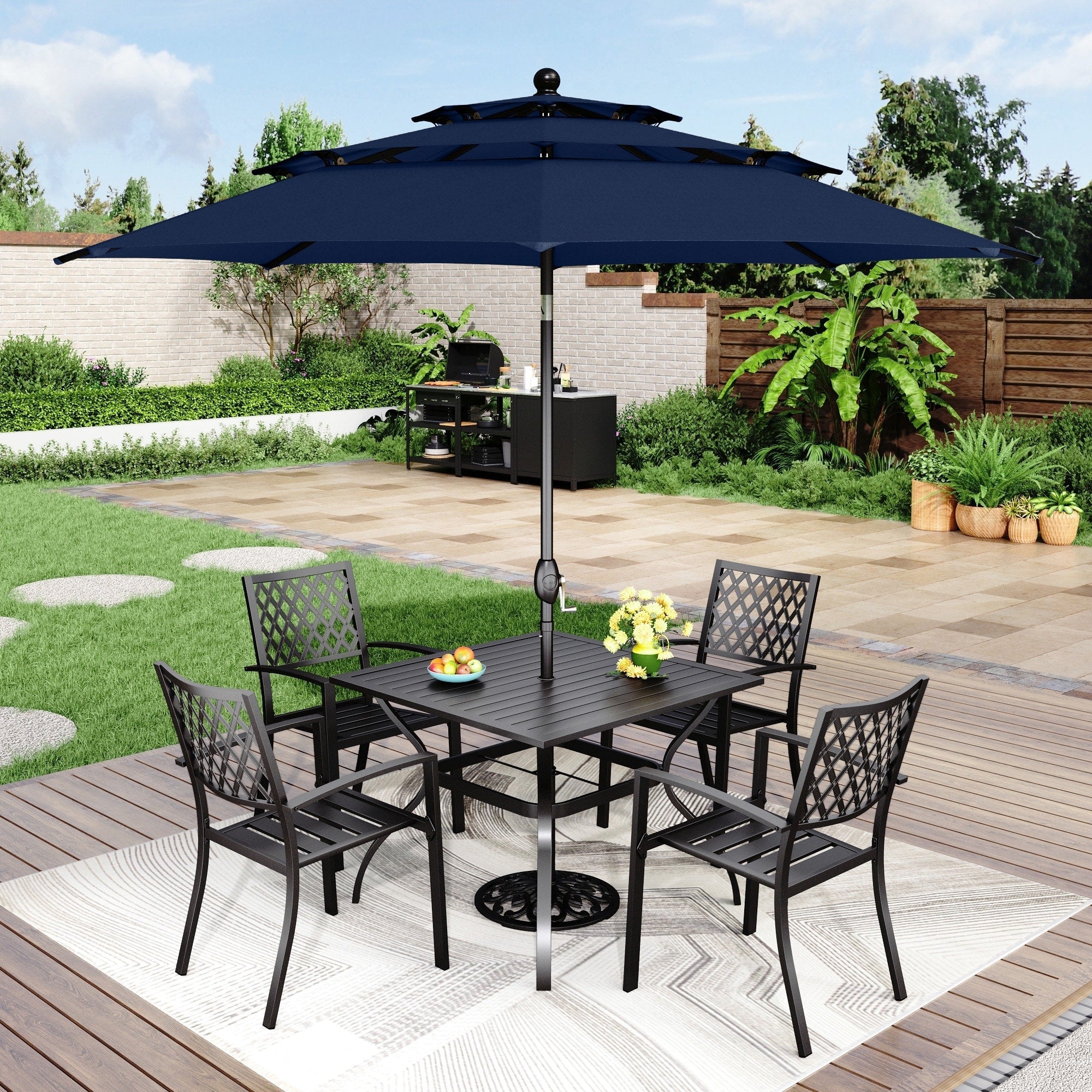 Ensemble de salle à manger de patio 6 pièces MAISON ARTS avec parasol à inclinaison automatique à 3 niveaux de 10 pieds : 4 chaises d'extérieur en métal et 1 table à manger carrée en métal