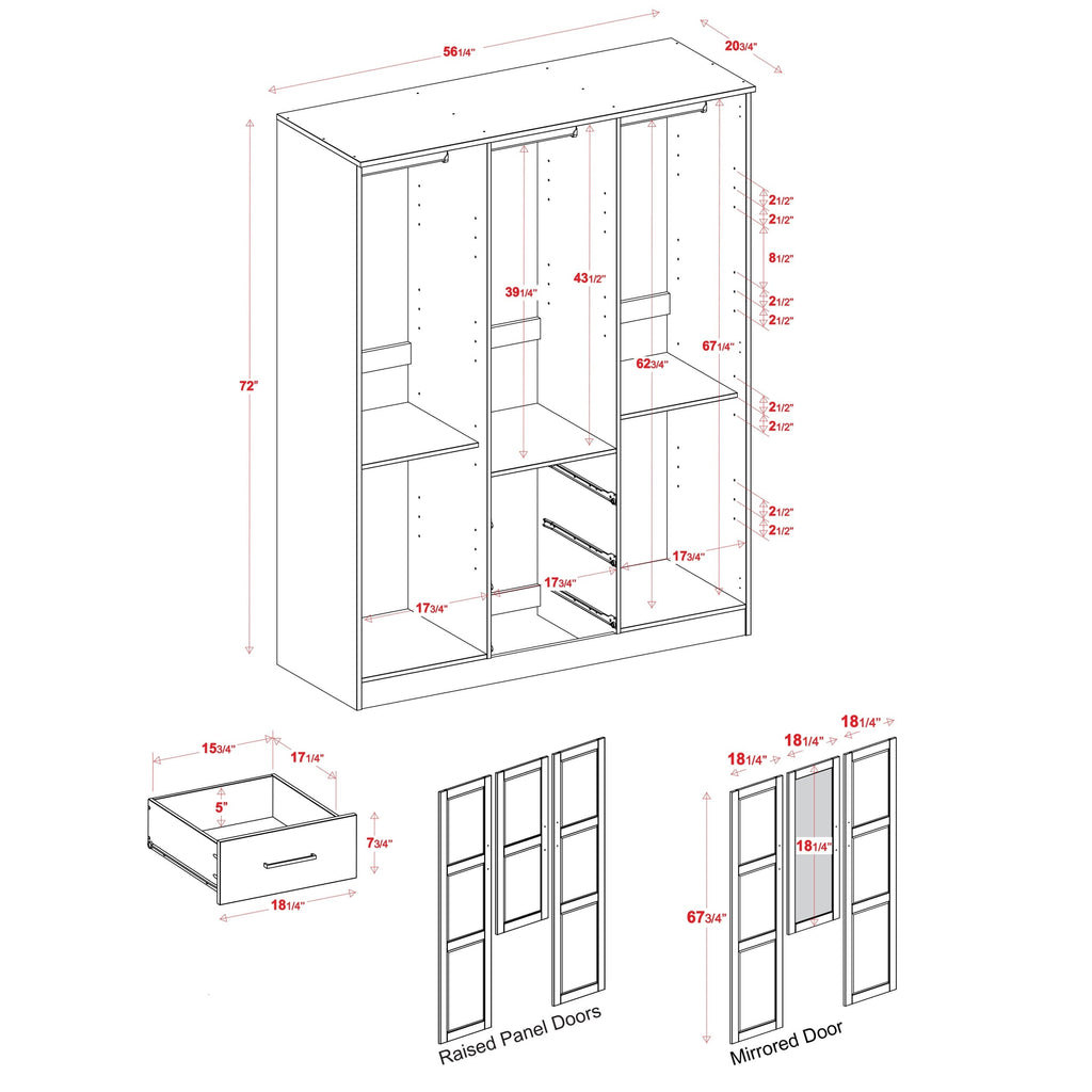 Armoire penderie 3 portes Cosmo 100 % bois massif de Palace Imports avec portes en bois massif ou en miroir