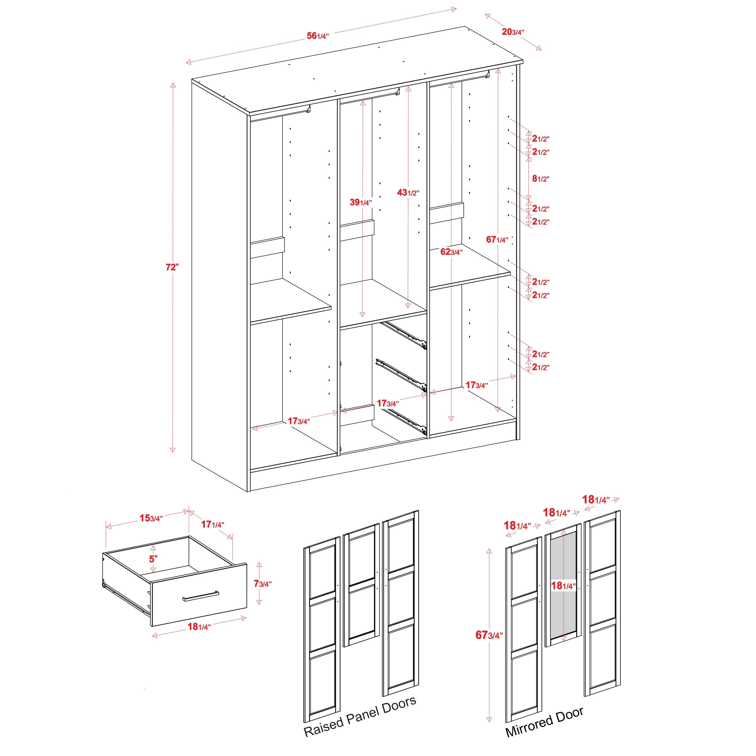 Armoire penderie 3 portes Cosmo 100 % bois massif de Palace Imports avec portes en bois massif ou en miroir