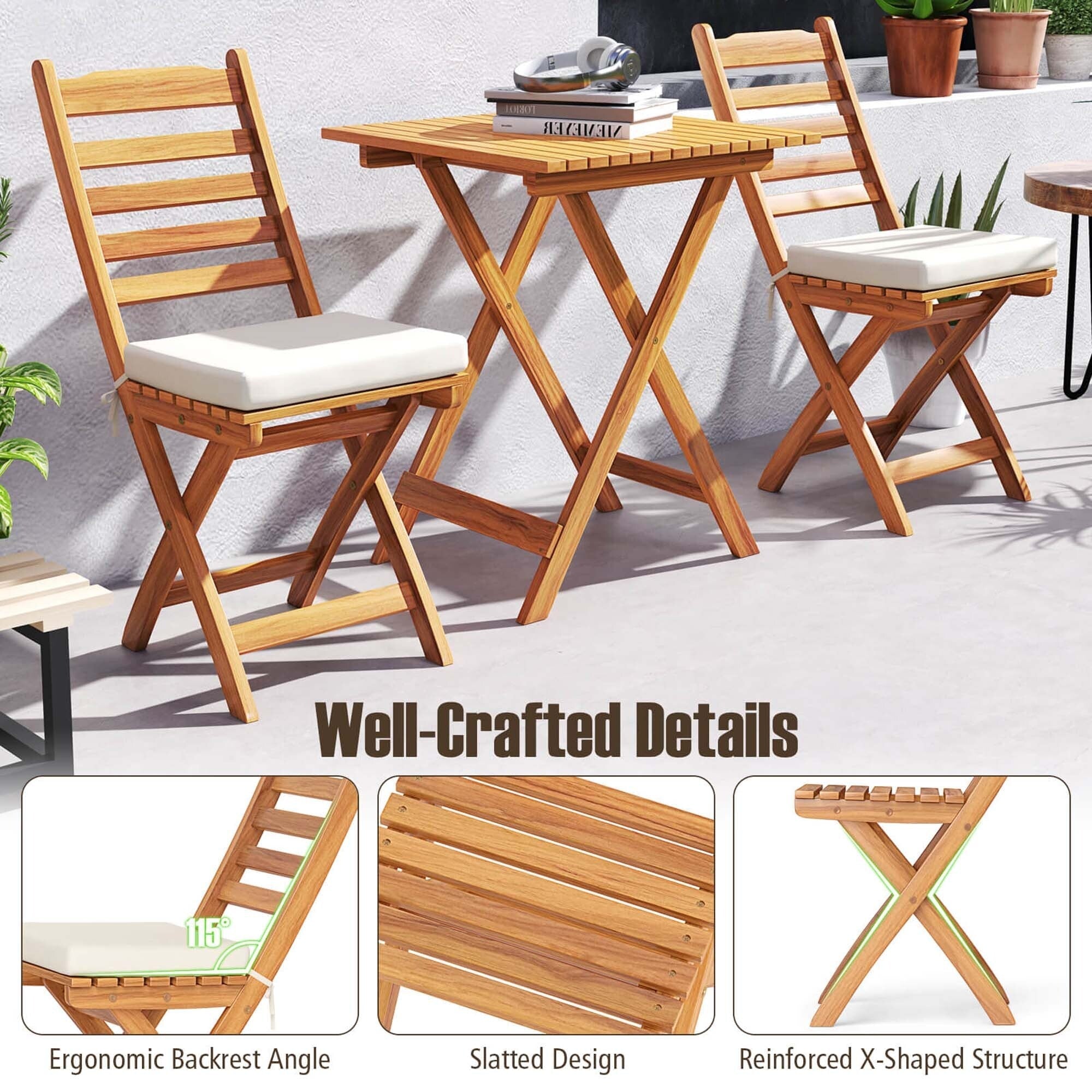 Ensemble bistrot pliant 3 pièces Patiojoy avec coussins d'assise amovibles - Voir les détails