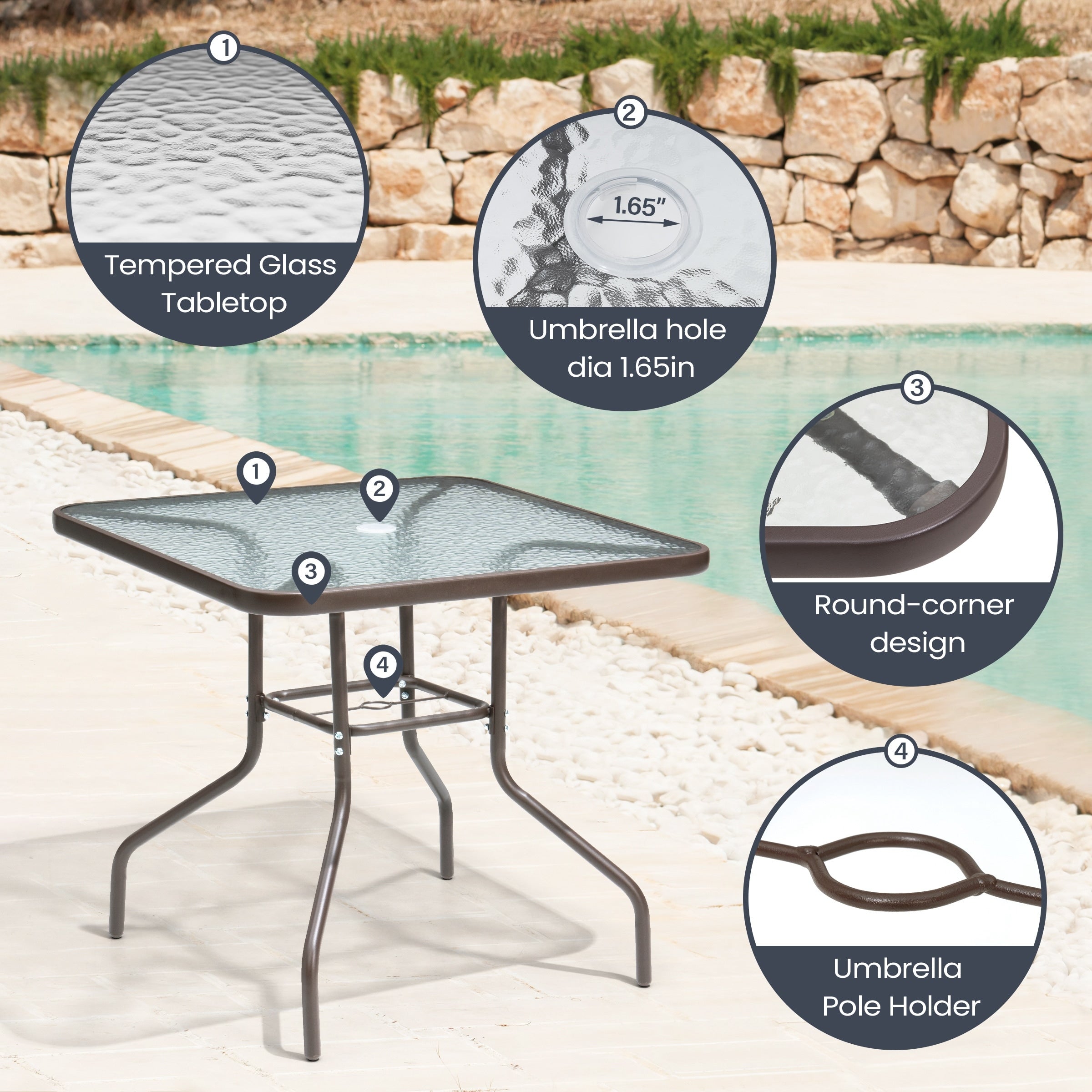 Ensemble de patio Pellebant 6 pièces avec table, parasol et 4 chaises pliantes - 22,4 L x 26,8 P x 34,4 H