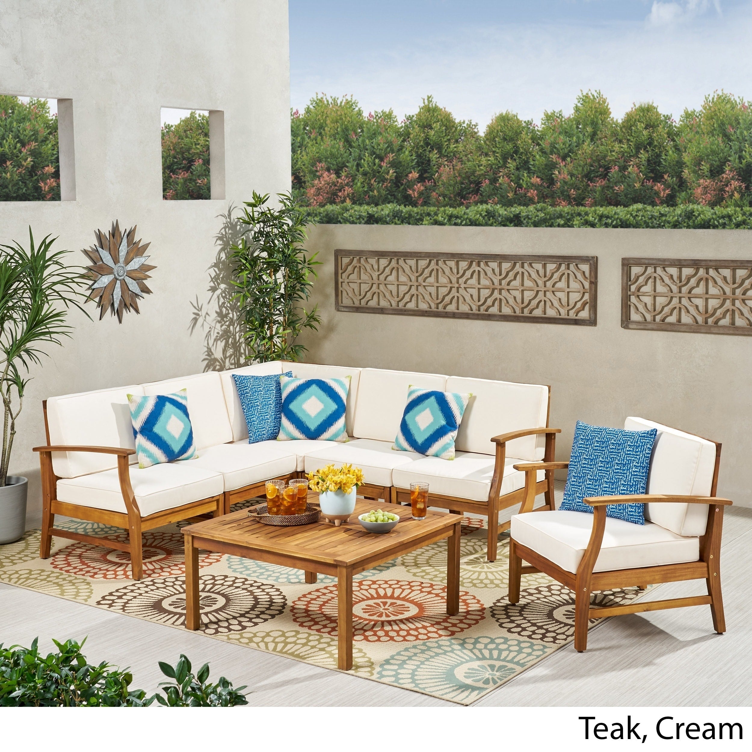 Ensemble de canapés d'extérieur Perla 7 pièces en bois d'acacia avec coussin par Christopher Knight Home