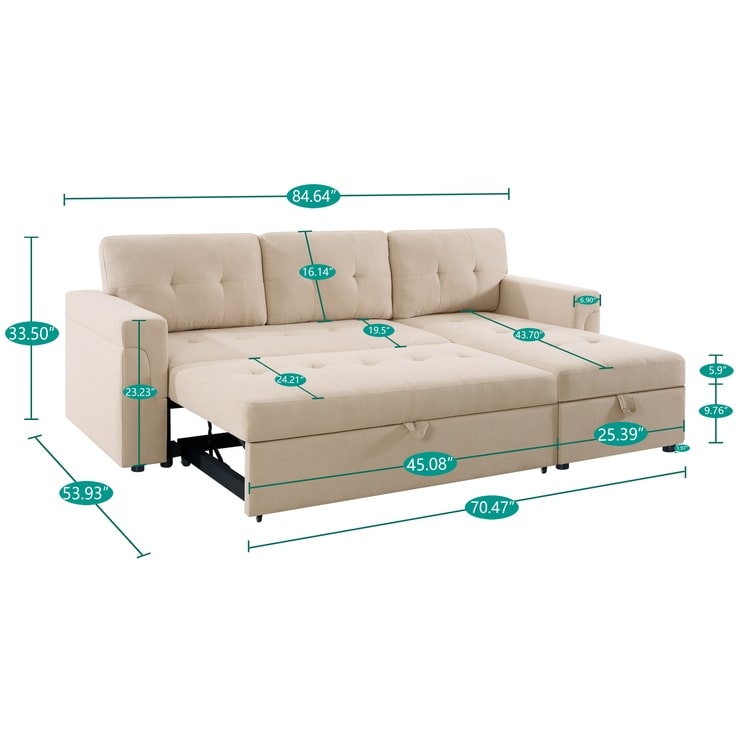 Canapé sectionnel réversible avec lit gigogne, méridienne avec rangement dissimulé, pieds durables,