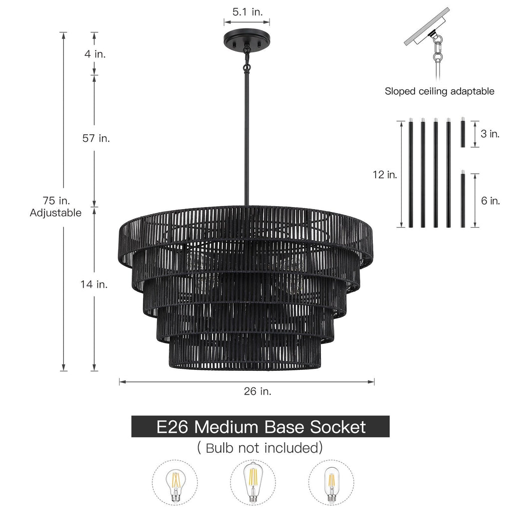Lustre bohème moderne Piersan à 5 lumières avec abat-jour en rotin à plusieurs niveaux - 26 po de largeur