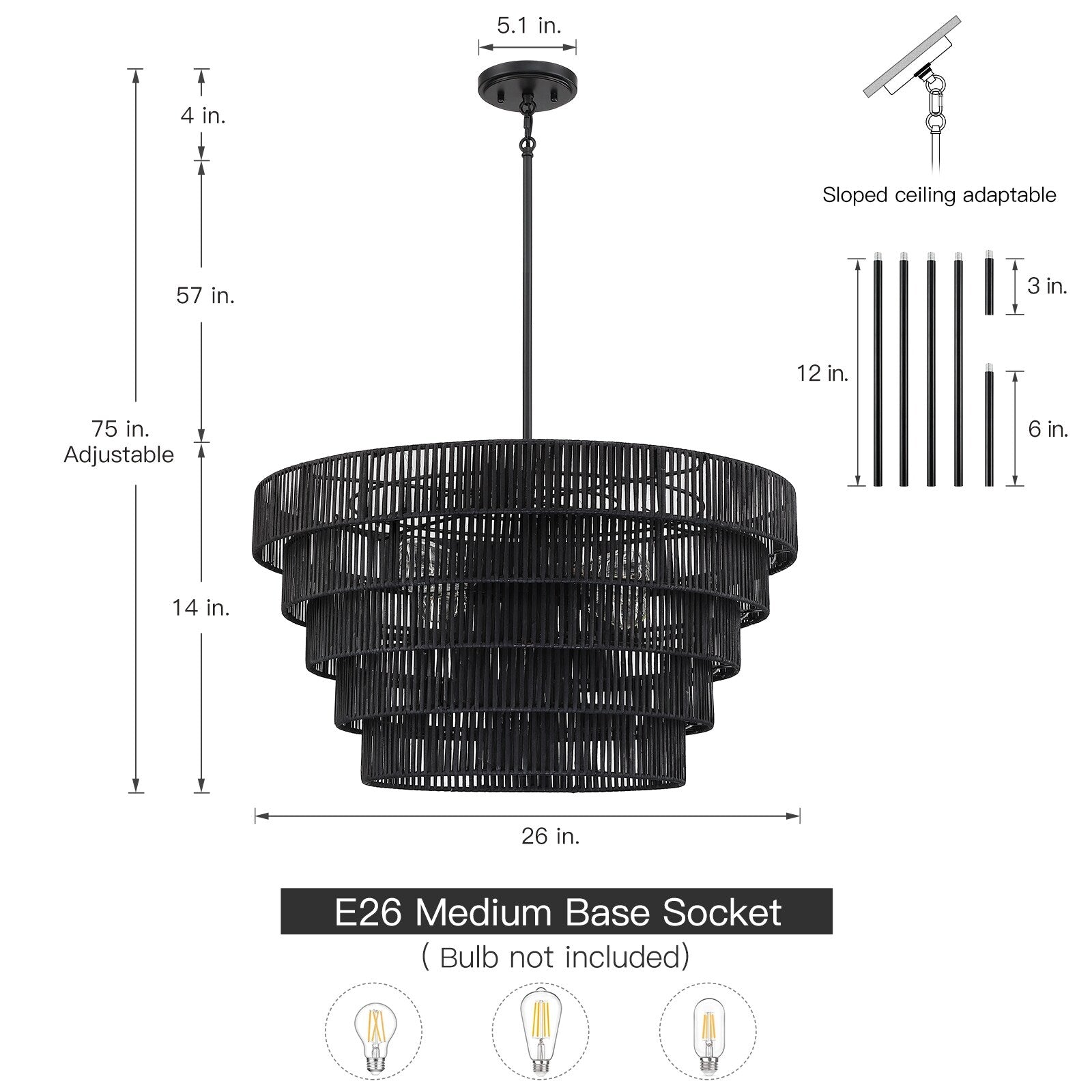 Lustre bohème moderne Piersan à 5 lumières avec abat-jour en rotin à plusieurs niveaux - 26 po de largeur