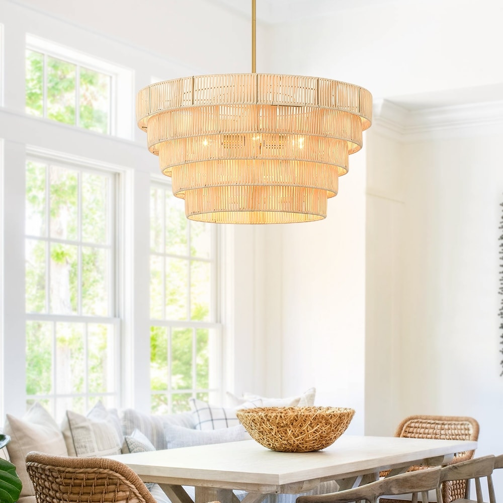 Lustre bohème moderne Piersan à 5 lumières avec abat-jour en rotin à plusieurs niveaux - 26 po de largeur