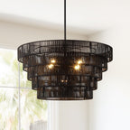 Lustre bohème moderne Piersan à 5 lumières avec abat-jour en rotin à plusieurs niveaux - 26 po de largeur