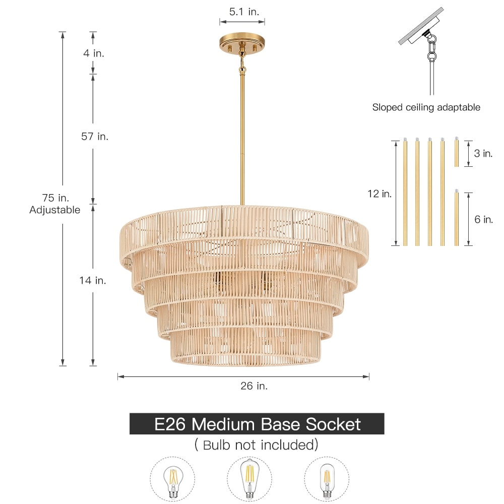 Lustre bohème moderne Piersan à 5 lumières avec abat-jour en rotin à plusieurs niveaux - 26 po de largeur