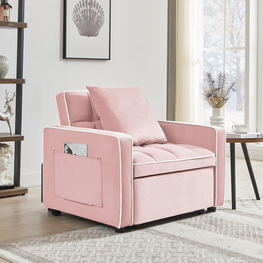Canapé-lit simple en velours rose avec dossier réglable